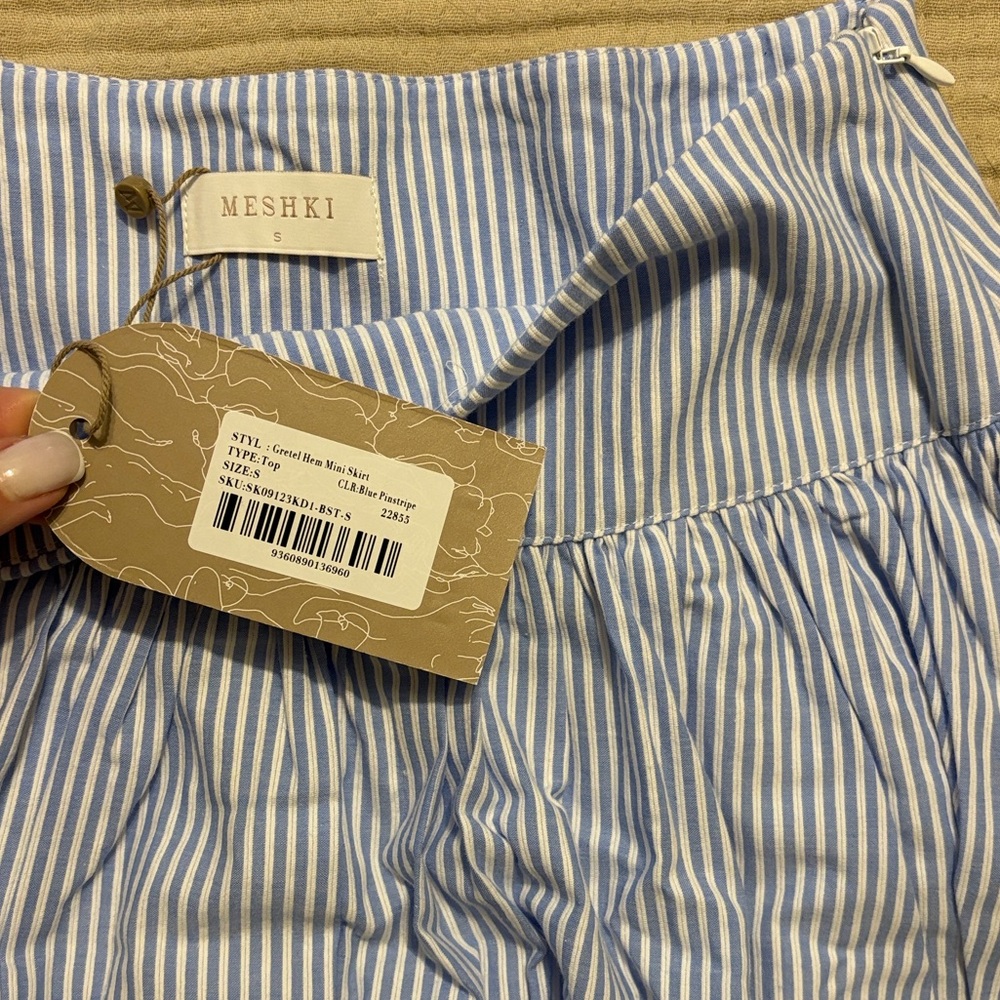 Meshki “Gretel” Hem Mini Skirt - Blue Pinstripe NWT size S - Picture 5 of 5